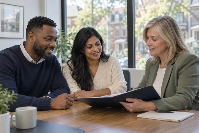 Smiling couple reviewing mortgage paperwork with an advisor in a bright office