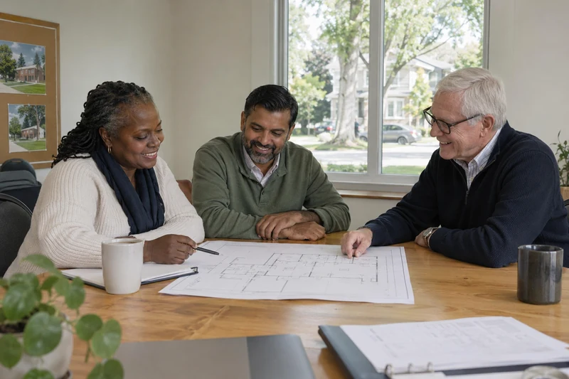Smiling community committee members reviewing building plans around a meeting table