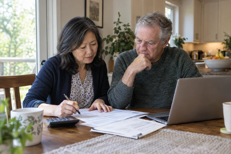 Older couple reviewing mortgage paperwork with a calculator and laptop at home