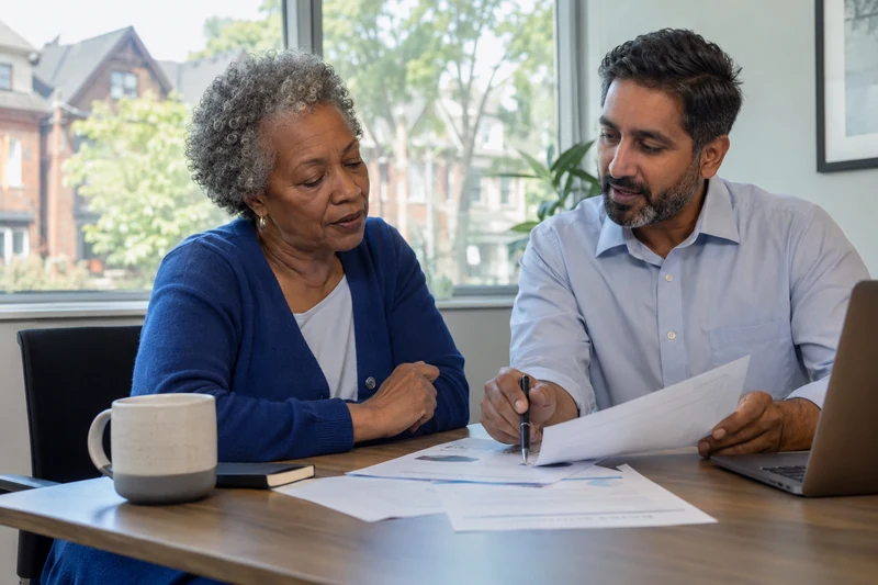 Older homeowner and an advisor reviewing mortgage paperwork at a table