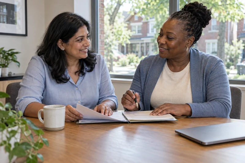 Smiling homeowner and advisor discussing household paperwork in a bright office