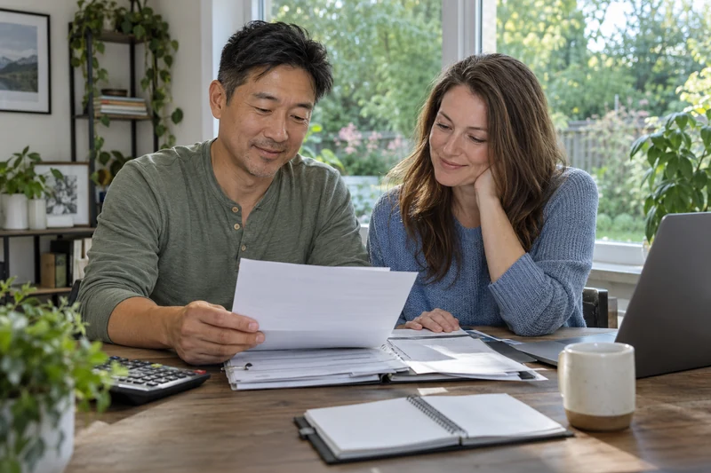 Smiling couple reviewing business and household paperwork in a home office