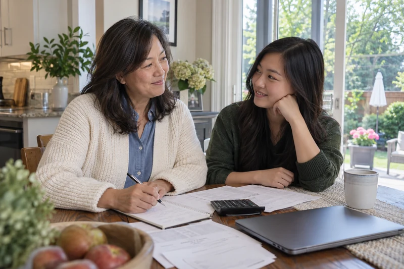 Smiling mother and adult daughter reviewing household paperwork at a kitchen table