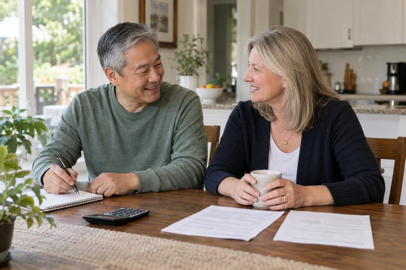 Smiling older couple planning household payments together at their dining table