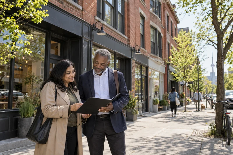 Smiling property owner and advisor reviewing a folder outside a brick storefront building
